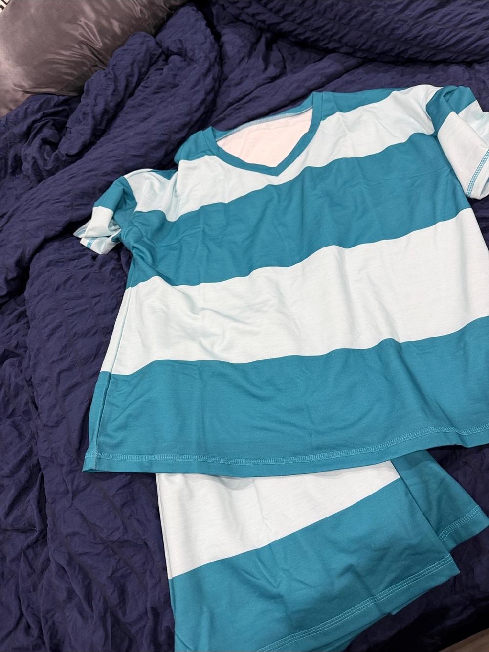 Women’s Teal and White Stripe lounge Set - Short Sleeve